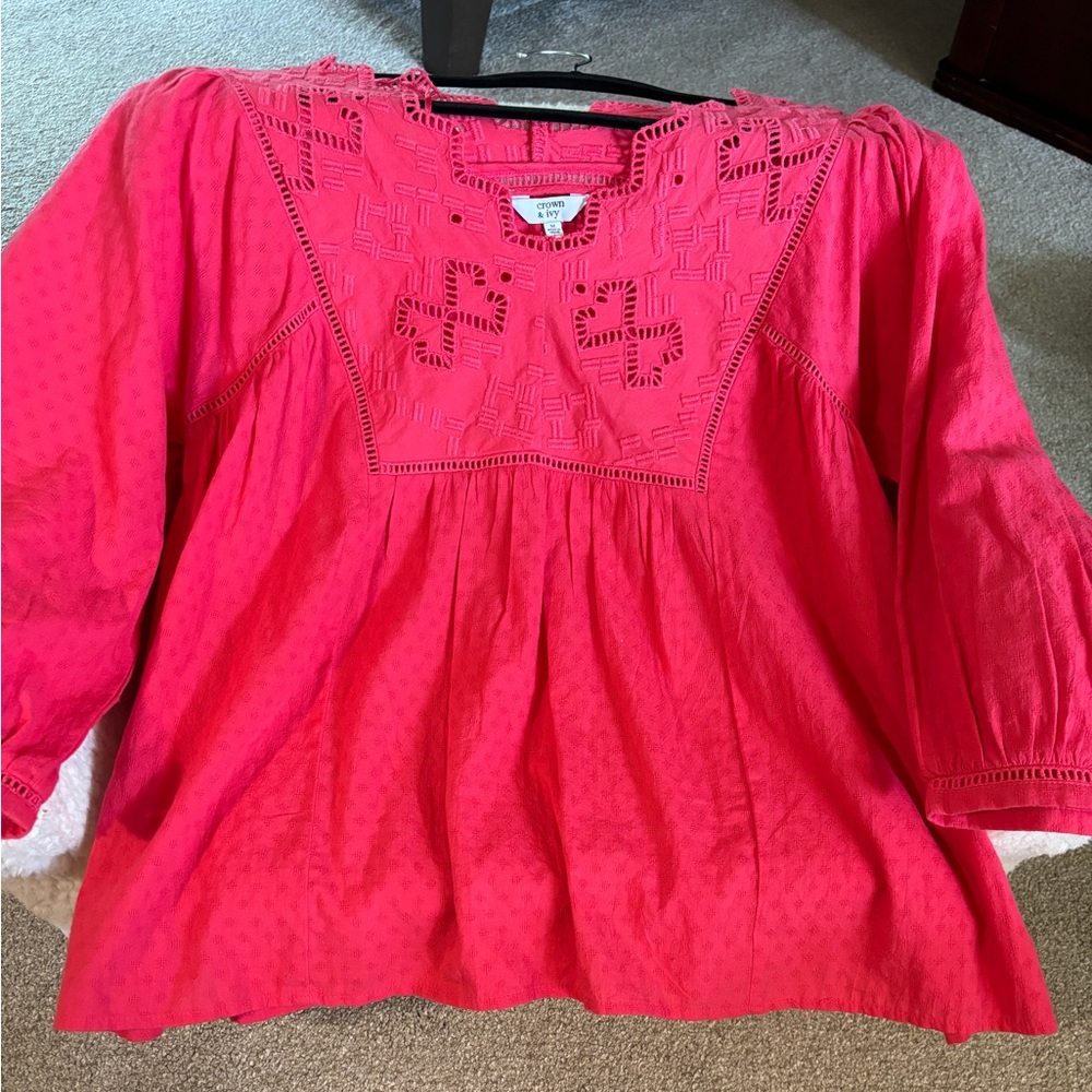 Crown & Ivy Bright Pink Embroidered babydoll top